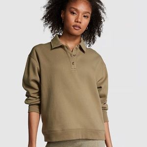 NWT🩷PINK VICTORIAS SECRET EVERYDAY FLEECE POLO SWEATSHIRT in DUSTED OLIVE SZ S